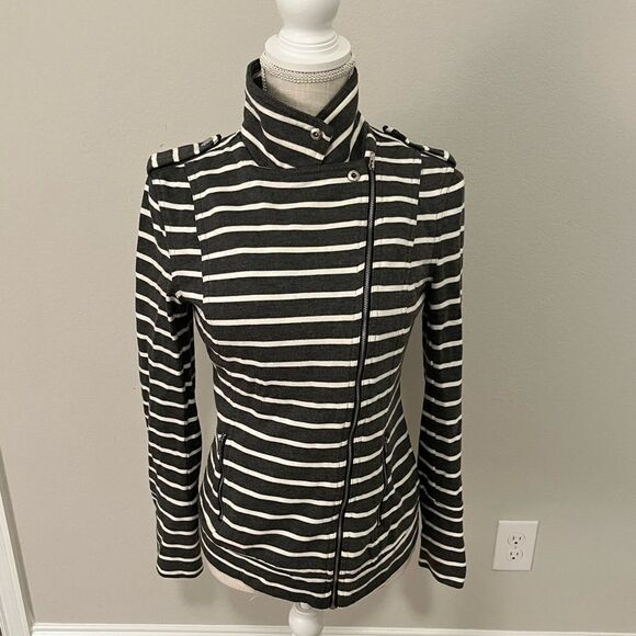 Market & Spruce Asymmetrical Motorcycle Jacket Gray & White Stripe Size Small - Picture 1 of 5